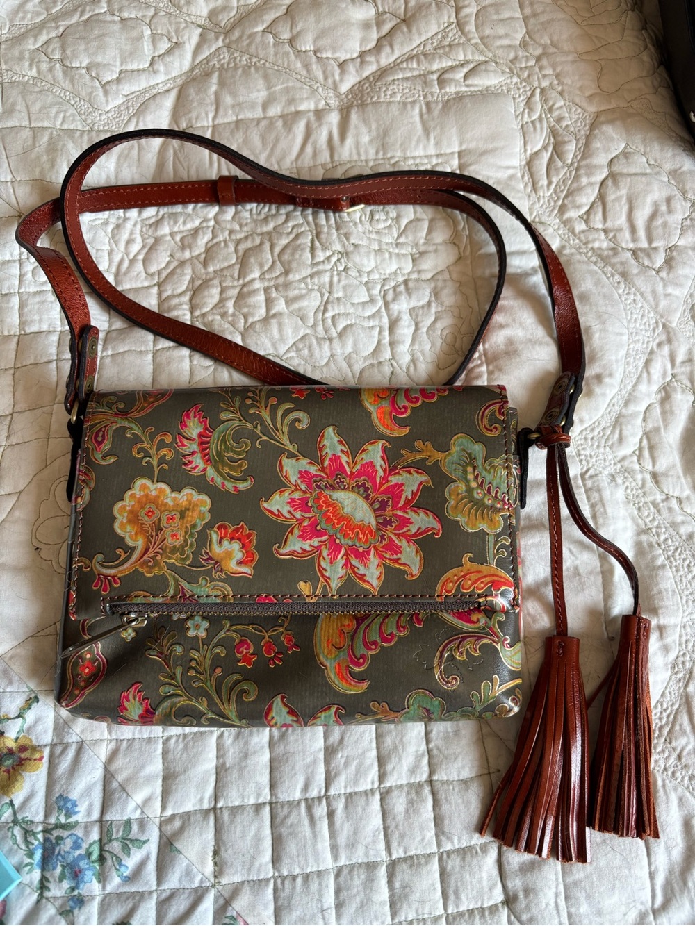Patricia Nash Olive Green Corfu Vintage Italian Floral Paisley Crossbody -